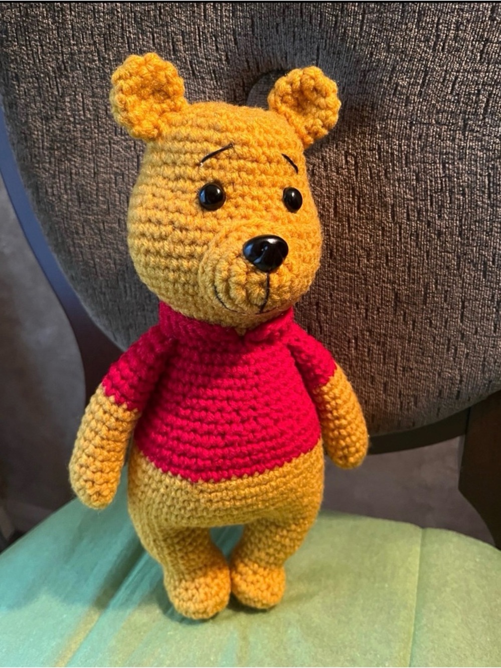 Handmade Yellow Crochet Pooh Bear inspired Plush with Red Sweater - Kids Toy New